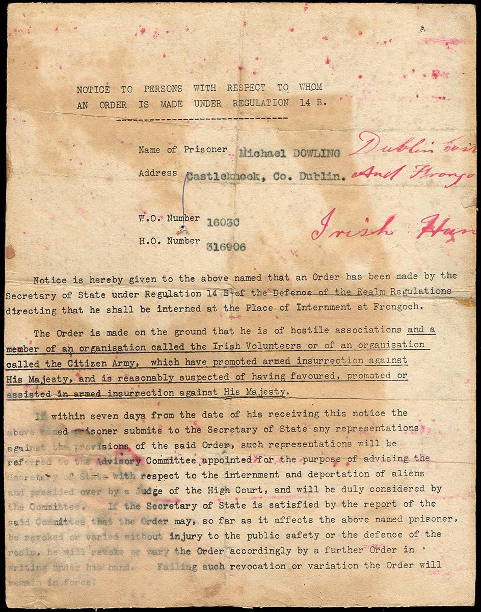 1916 (May) Notice of internment order to an Irish Volunteer. at Whyte's Auctions