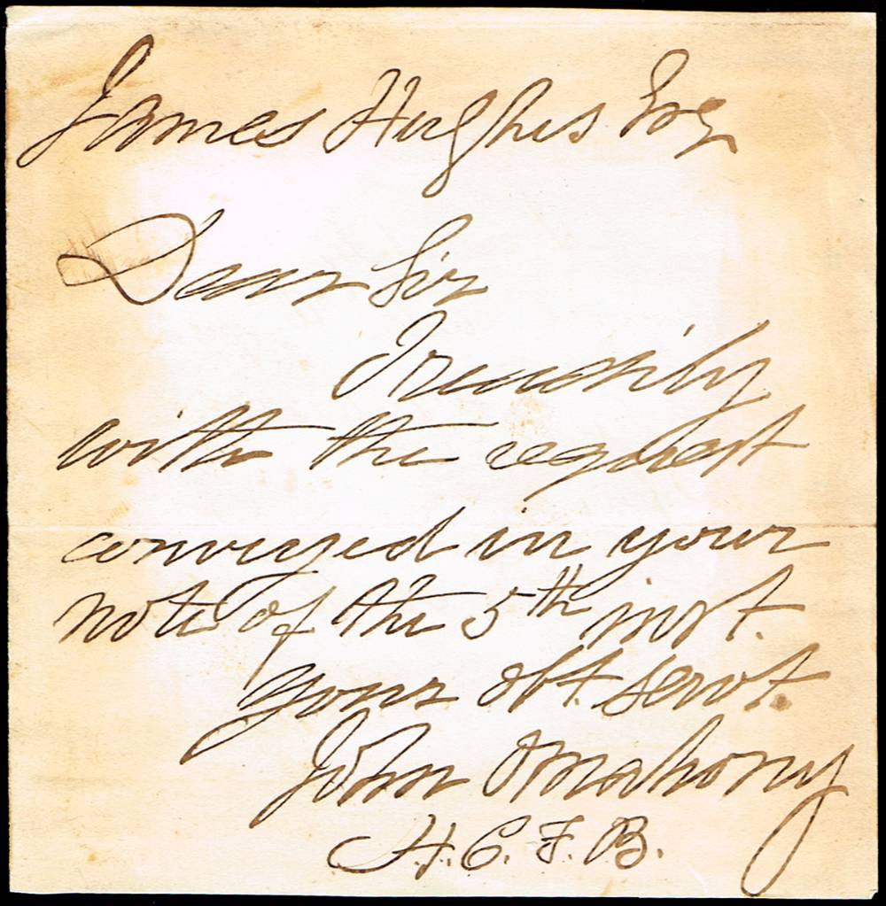 Circa 1865-7. Handwritten note by Fenian leader, John O'Mahony. at Whyte's Auctions