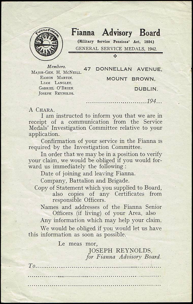 1942 Fianna Advisory Board General Service Medals response form for pension and medal application by veterans of 1916-1921. at Whyte's Auctions