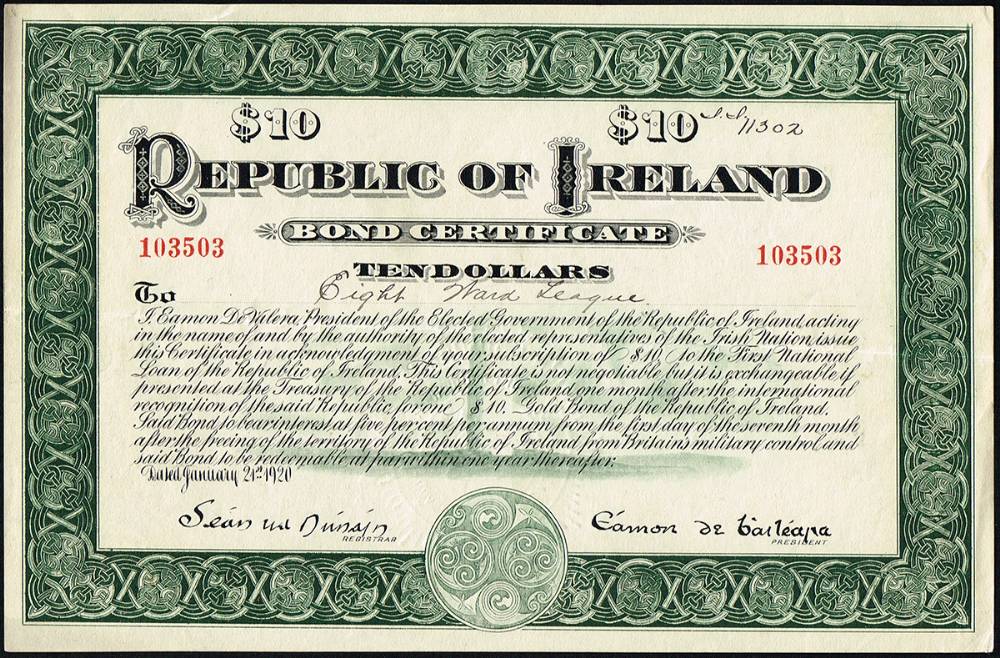 1920 (21 January) Republic of Ireland Ten Dollars Bond. at Whyte's Auctions
