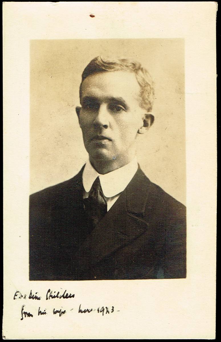 1923 (November) photographic picture postcard of Erskine Childers, inscribed by his widow, Molly. at Whyte's Auctions