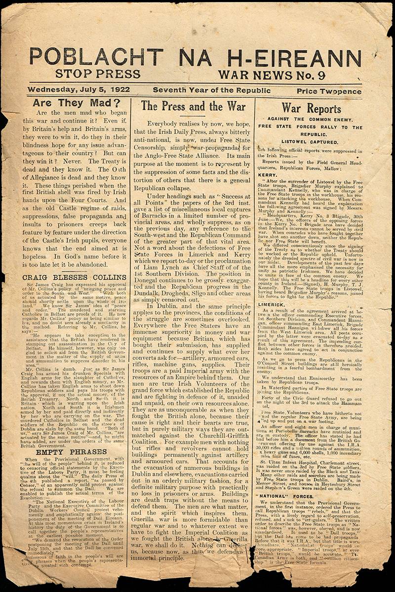 1922 (5 July-18 September) Poblacht na h-Eireann War News - anti-Treaty publication (38 issues). at Whyte's Auctions