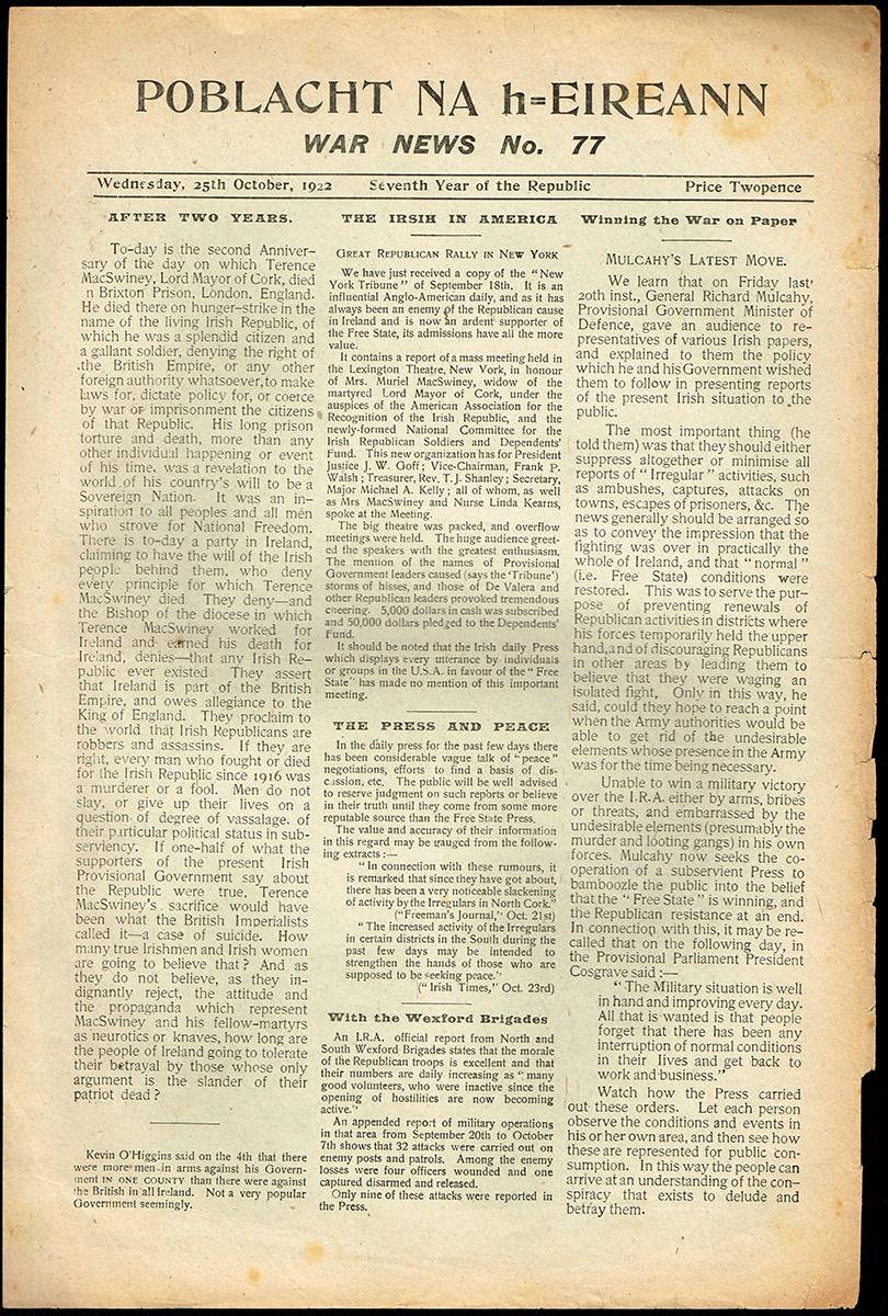 1922 (30 September - 25 October) Poblacht na h-Eireann War News - anti-Treaty publication (34 issues). at Whyte's Auctions