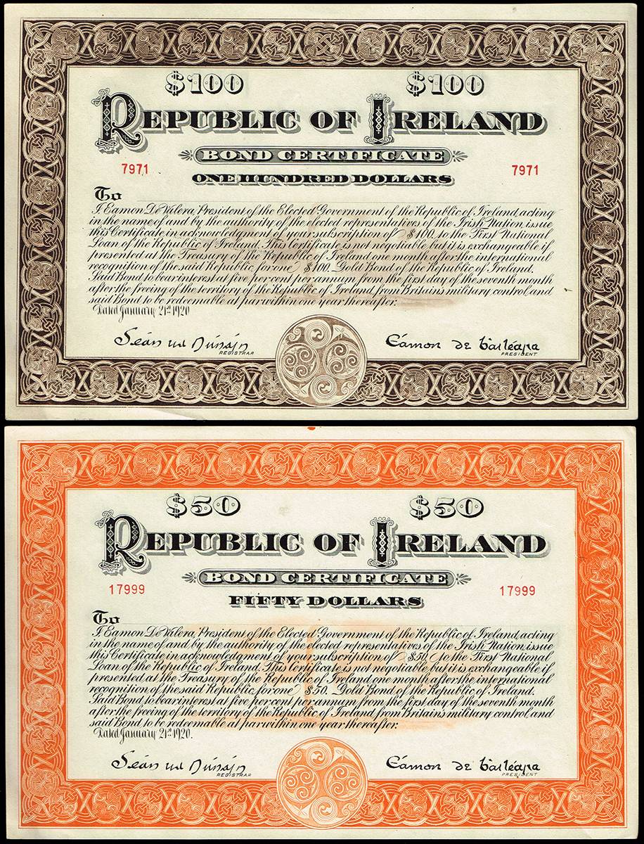 1920 (21 January) a very rare complete set of Republic of Ireland Bonds - $10, $25, $50 and $100. at Whyte's Auctions