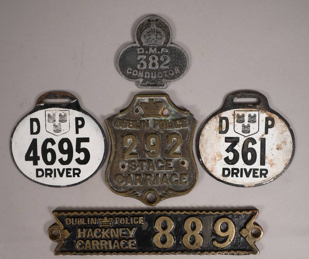 Dublin Police Carriage Office - a collection of metal licences. (5) at Whyte's Auctions