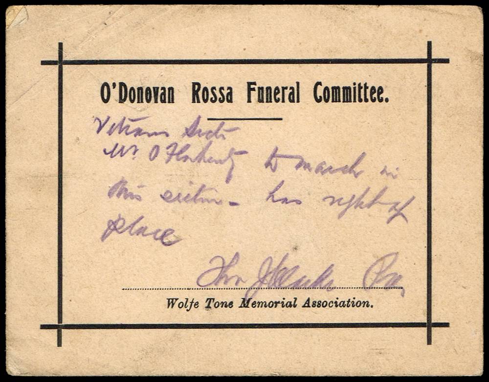 1915. O'Donovan Rossa Funeral Committee permit to join the procession, signed by Thomas J. Clarke, later Rising leader. at Whyte's Auctions