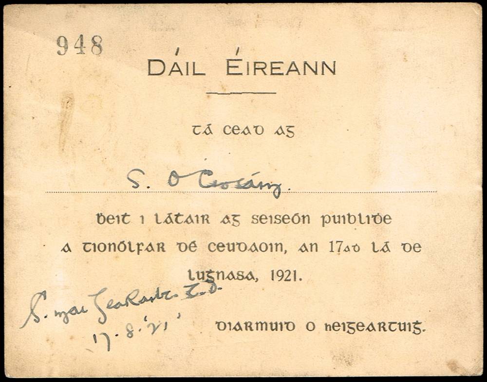 1921 (17 August) Dil ireann passes issued to S.  Caosig (Sen O'Casey) and Toms Mac Grait (Thomas McGrath). at Whyte's Auctions