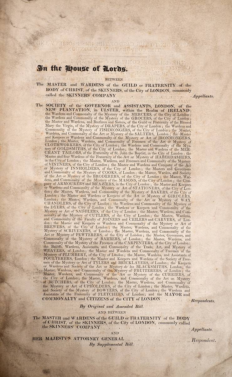 1832 House of Lords case: Skinners Company v Her Majesty's Attorney General concerning a dispute over estates at Pellipar, Co. Derry. at Whyte's Auctions