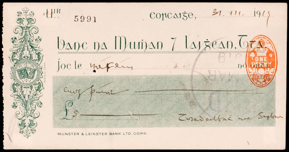1919 (31 March) cheque written and signed by Terence MacSwiney. at Whyte's Auctions