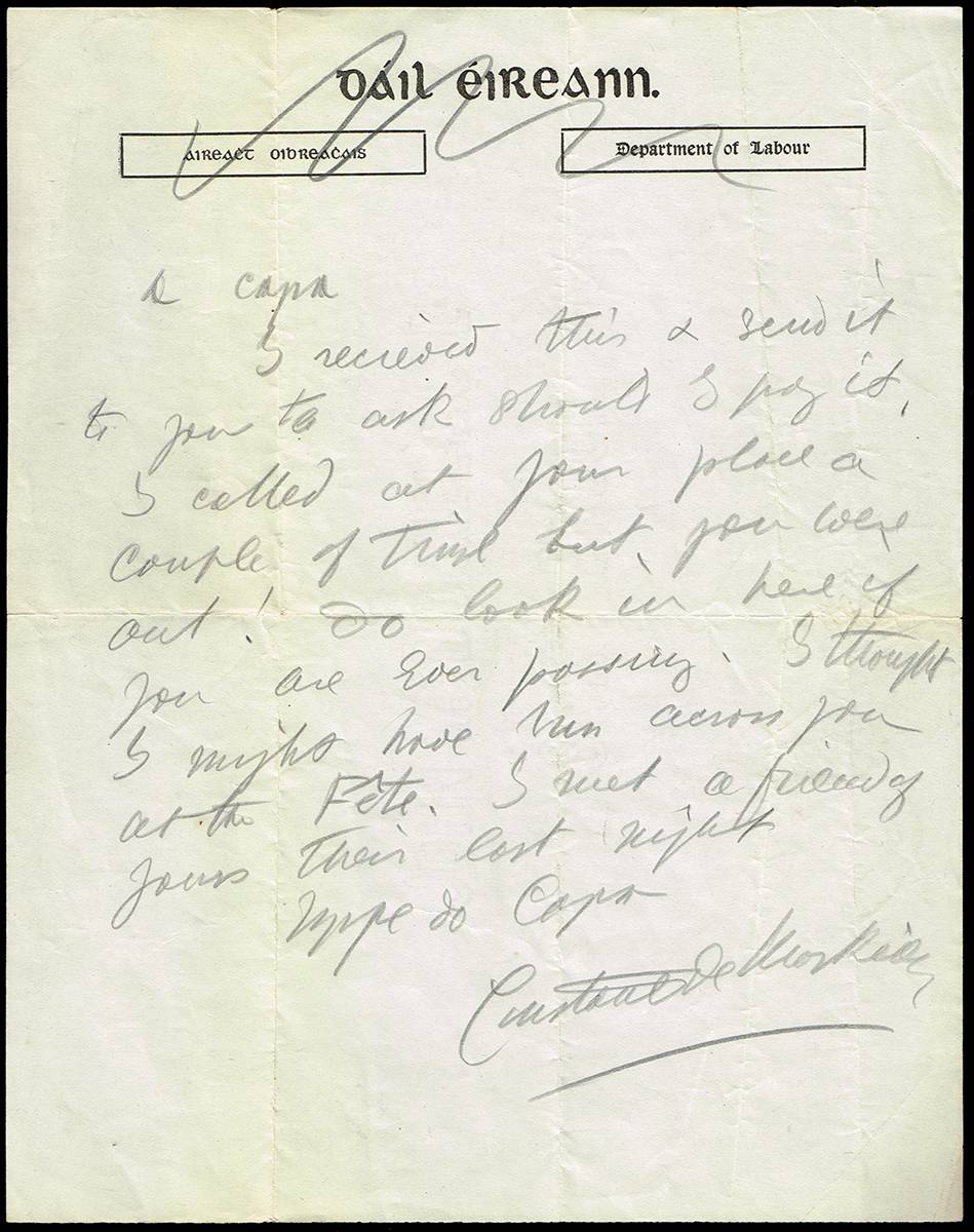 Circa 1919  handwritten letter from Countess Markievicz to Michael Noyk and a lock of hair. at Whyte's Auctions