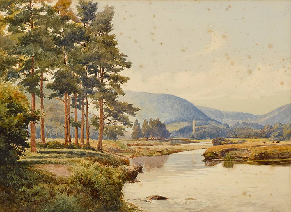 VIEW OF GLENDALOUGH FROM DERRYLANE SIDE OF RIVER, COUNTY WICKLOW, 1927 by Archibald McGoogan sold for �160 at Whyte's Auctions