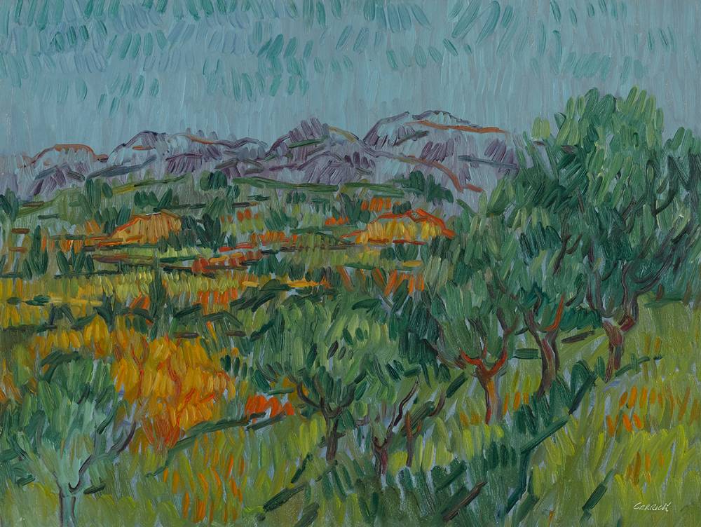 OLIVE TREES ON A HILLSIDE ABOVE VALLEY OF NERJA by Desmond Carrick sold for 750 at Whyte's Auctions