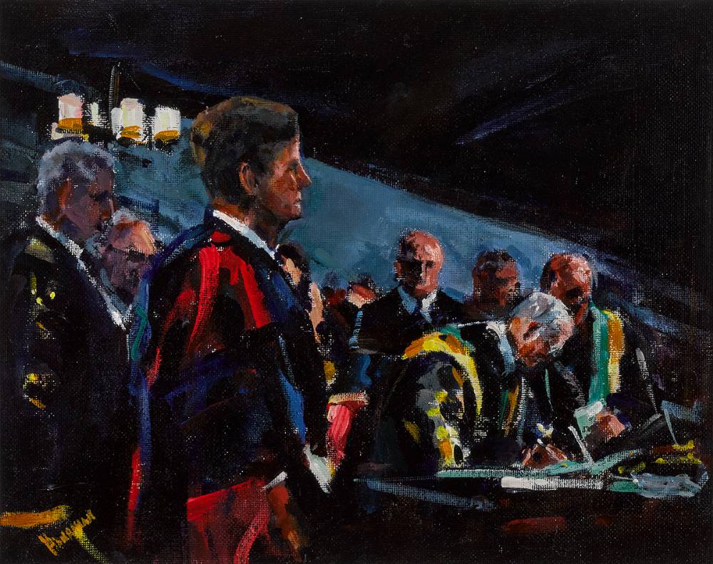 PRESIDENT KENNEDY AT ST PATRICK'S HALL, DUBLIN CASTLE RECEIVING AN HONORARY DEGREE FROM AMON DE VALERA, CHANCELLOR OF THE NATIONAL UNIVERSITY OF IRELAND by Michael Hanrahan (b.1951) at Whyte's Auctions