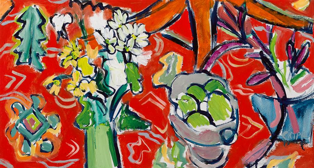 STILL LIFE ON RED CARPET by Elizabeth Cope (b.1952) at Whyte's Auctions