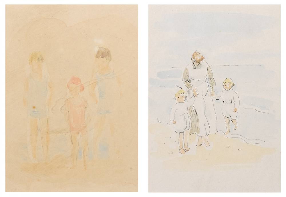 MOTHER AND TWO CHILDREN ON A BEACH and THREE CHILDREN ON A BEACH (A PAIR) by Melanie le Brocquy HRHA (1919-2018) at Whyte's Auctions