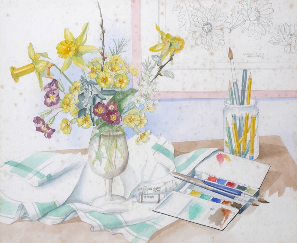 STILL LIFE WITH DAFFODILS, PRIMROSES AND ARTIST'S TOOLS, 1986 by Bridget Flinn (b.1961) at Whyte's Auctions