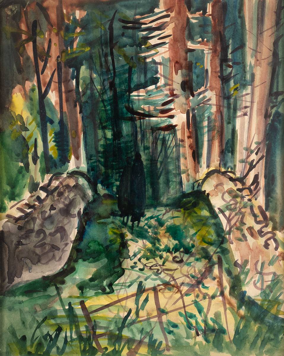 FIGURES ON A FOREST BRIDGE by George Campbell RHA (1917-1979) at Whyte's Auctions