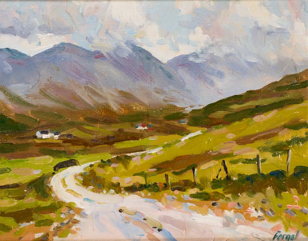 LANDSCAPE WITH MOUNTAINS AND COTTAGES IN THE DISTANCE by Fergal Flanagan sold for �130 at Whyte's Auctions