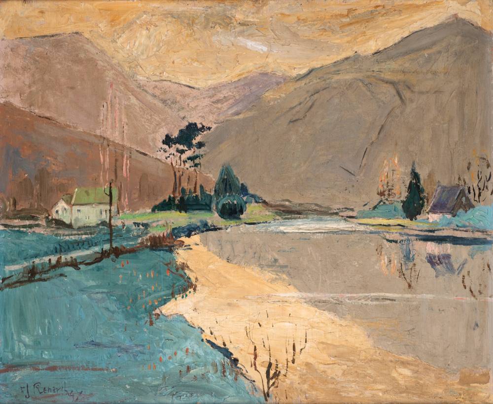 LAKE SCENE WITH MOUNTAINS IN THE DISTANCE, 1947 by Yann Renard Goulet sold for 580 at Whyte's Auctions