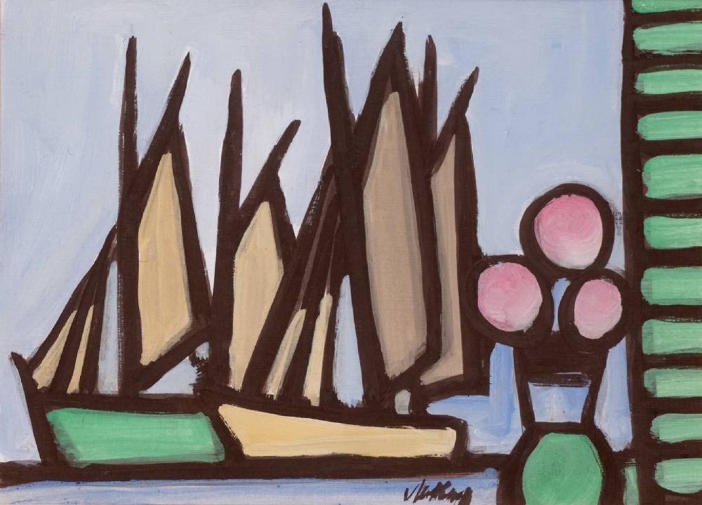 BOATS THROUGH A WINDOW WITH GREEN VASE by Markey Robinson (1918-1999) at Whyte's Auctions