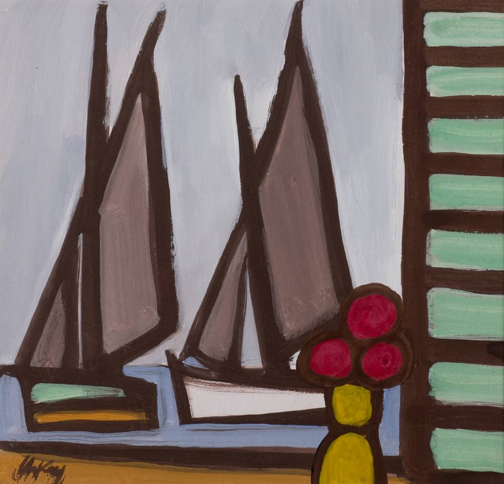 BOATS THROUGH A WINDOW WITH YELLOW VASE by Markey Robinson (1918-1999) at Whyte's Auctions