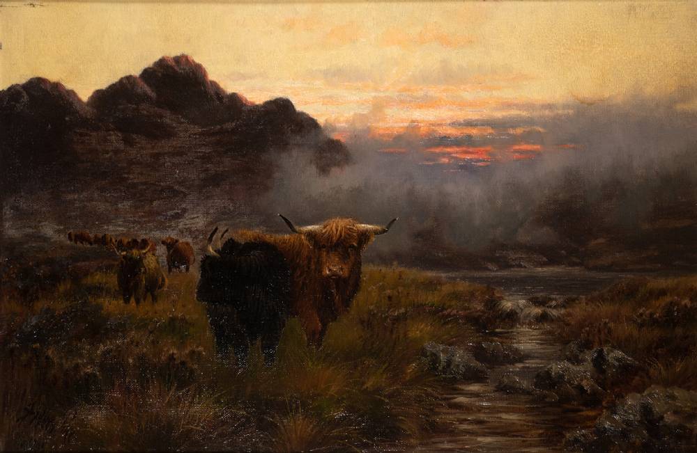 HIGHLAND BULLS AT SUNSET, 1905 by Sidney Pike (British, 1858-1923) at Whyte's Auctions