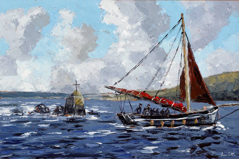 GALWAY HOOKER 'NORAH' LEAVING PURTEEN PIER, KEEL BAY, ACHILL ISLAND, COUNTY MAYO, 2022 by Ivan Sutton (b.1944) at Whyte's Auctions