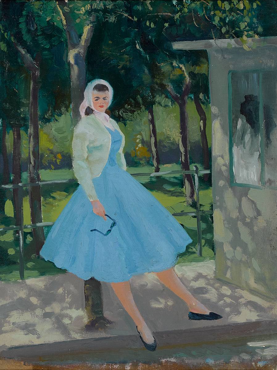 WOMAN IN A BLUE DRESS LEANING BY A TREE, c.1960s by Patrick Leonard HRHA (1918-2005) at Whyte's Auctions