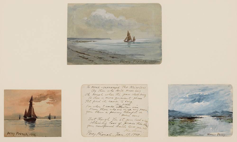 SAILBOATS, 1908, BEACH SCENE WITH SAILBOAT, 1909 and BOG LAKE (SET OF THREE) by William Percy French sold for 4,800 at Whyte's Auctions