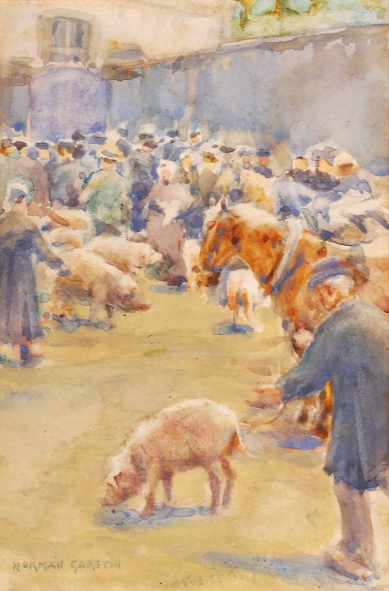 FAIR SCENE WITH CATTLE AND PIGS by Norman Garstin sold for 340 at Whyte's Auctions