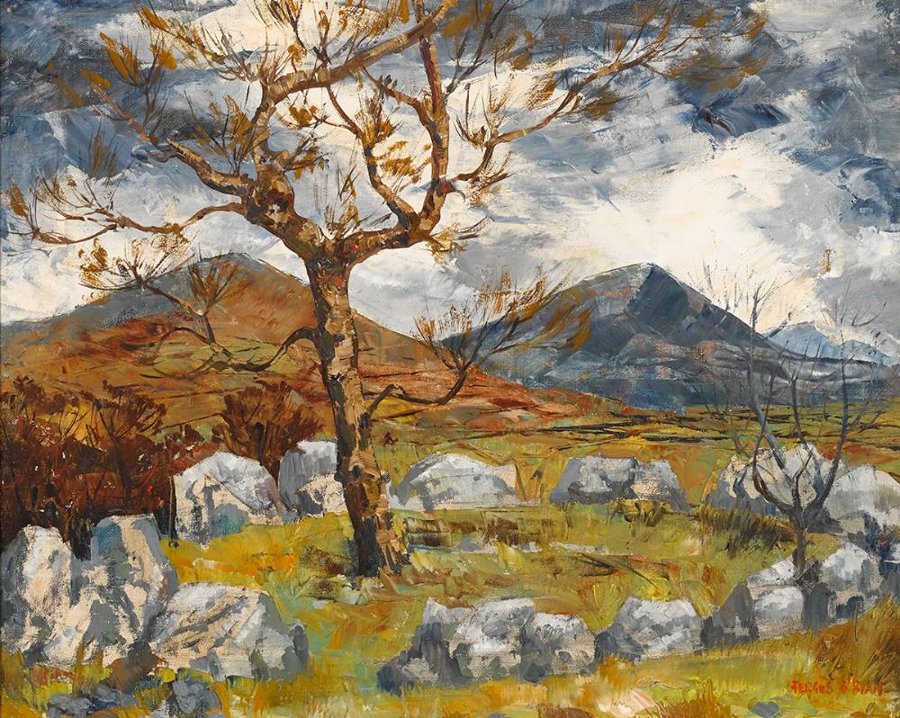 BALLYNOE STONE CIRCLE WITH MOURNE MOUNTAINS IN THE DISTANCE, COUNTY DOWN by Fergus O'Ryan RHA (1911-1989) at Whyte's Auctions