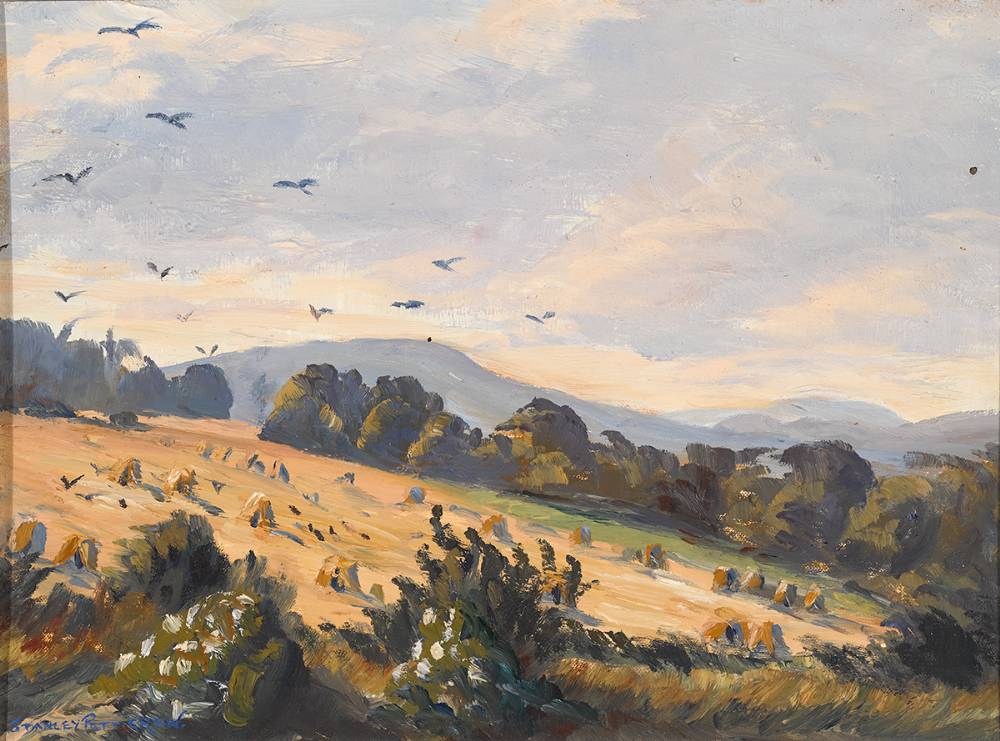 RURAL SCENE WITH HAYSTACKS by Stanley Pettigrew sold for 300 at Whyte's Auctions