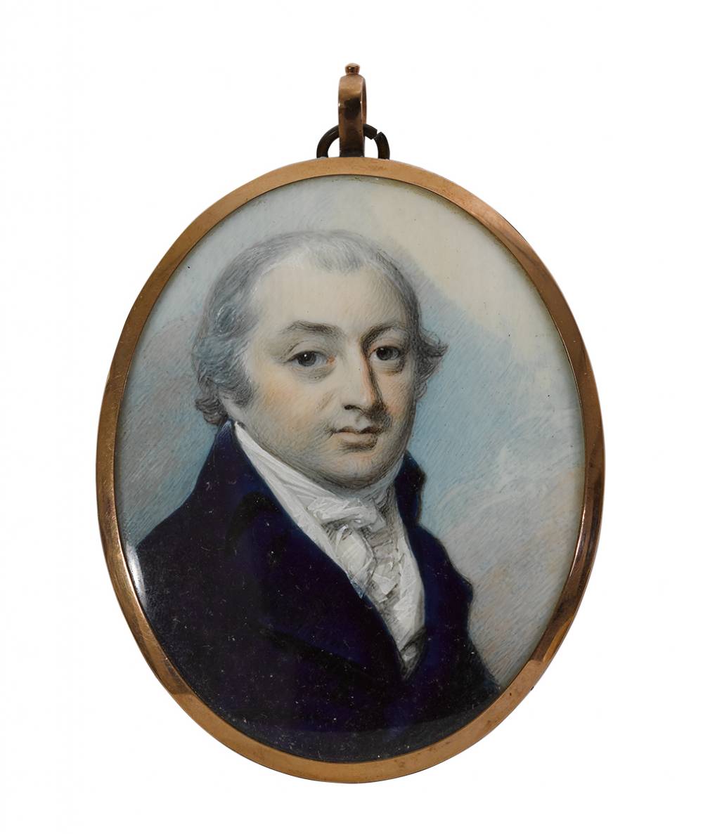 A GENTLEMAN, WEARING BLUE COAT, WHITE COAT, FRILLED CHEMISE, STOCK AND CRAVAT, HIS HAIR POWDERED by George Engleheart (English,1752-1829) at Whyte's Auctions