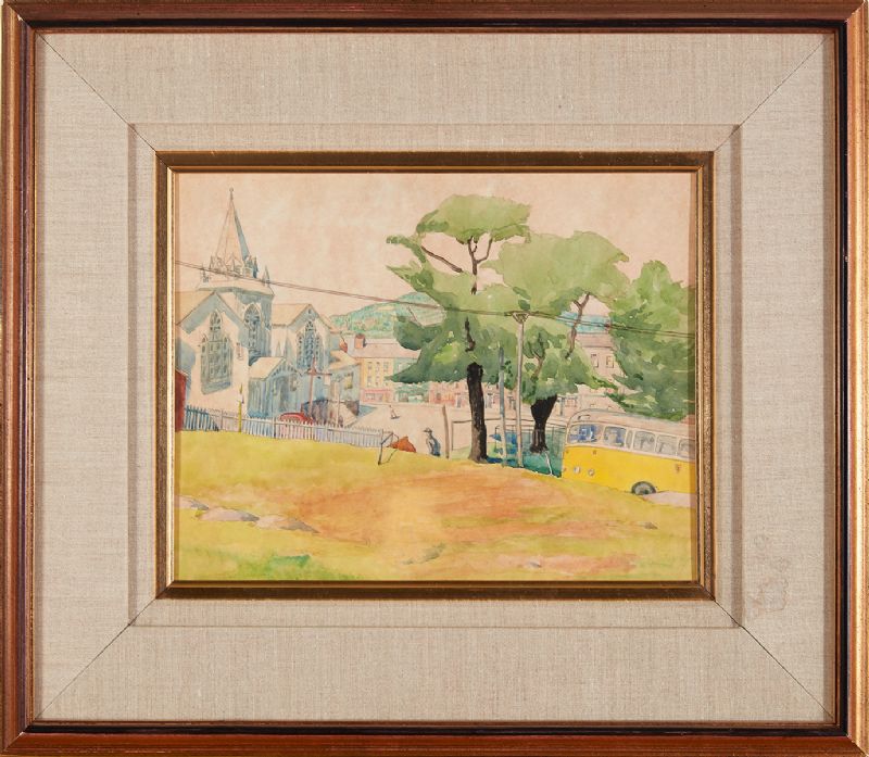 VILLAGE SCENE WITH CHURCH AND BUS, 1937 by Harry Kernoff sold for 1,900 at Whyte's Auctions