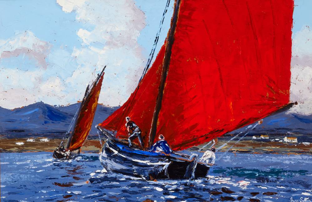 GALWAY HOOKERS RACING, ROUNDSTONE BAY, COUNTY GALWAY by Ivan Sutton (b.1944) at Whyte's Auctions