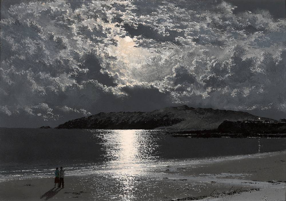 MOONRISE OVER LAMBAY ISLAND, NORTH STRAND, RUSH, COUNTY DUBLIN by Ciaran Clear (1920-2000) at Whyte's Auctions