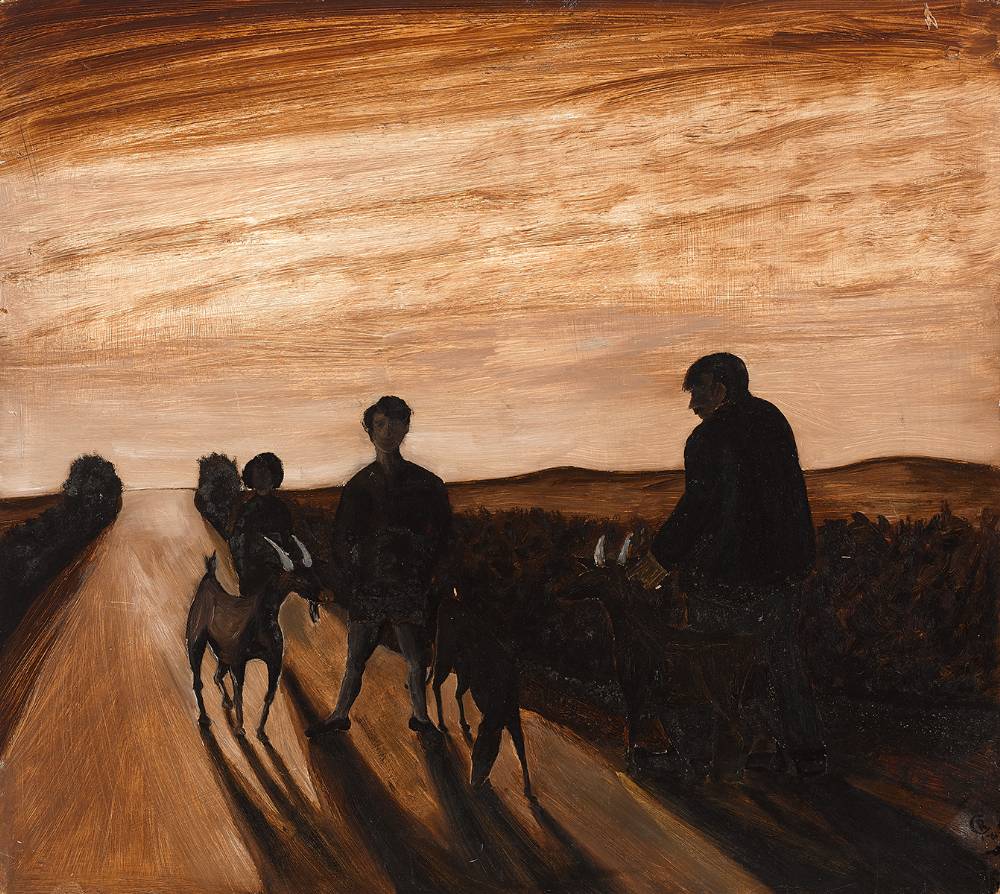 FIGURES AND GOATS ON A COUNTRY ROAD, c.1950s by Basil Blackshaw HRHA RUA (1932-2016) HRHA RUA (1932-2016) at Whyte's Auctions