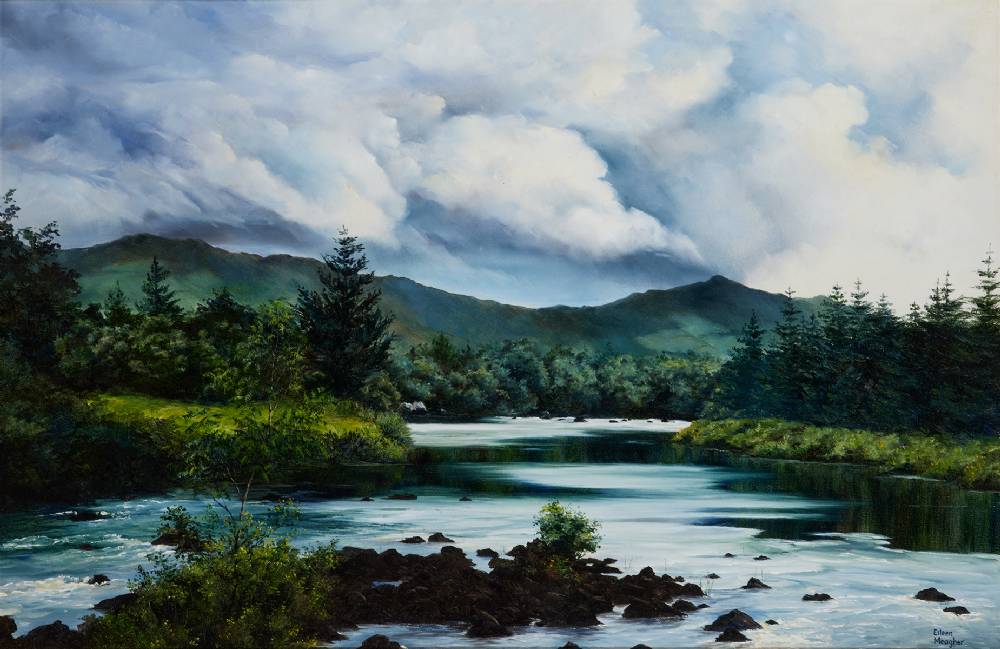 RIVER SCENE WITH MOUNTAINS IN THE DISTANCE by Eileen Meagher (b.1946) at Whyte's Auctions