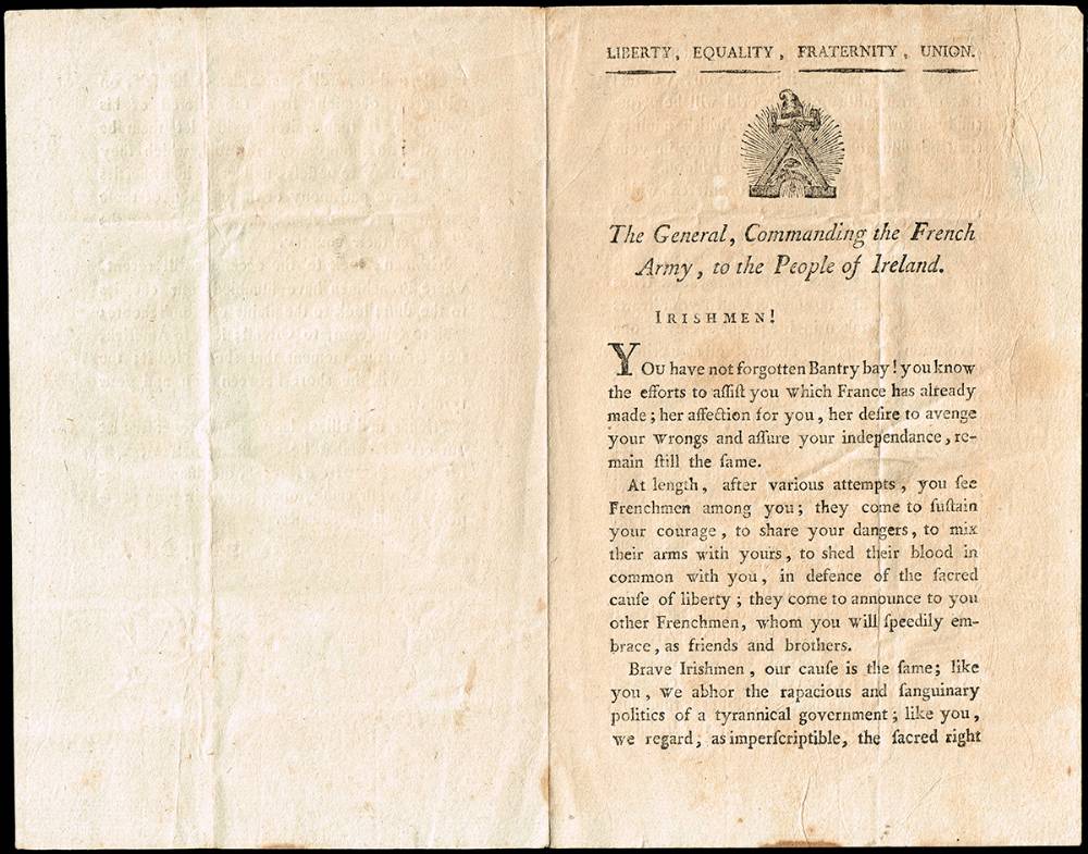1798. Proclamation: 'The General, Commanding the French Army, to the People of Ireland' issued by General Jean Hardy and composed by Theobald Wolfe Tone. at Whyte's Auctions
