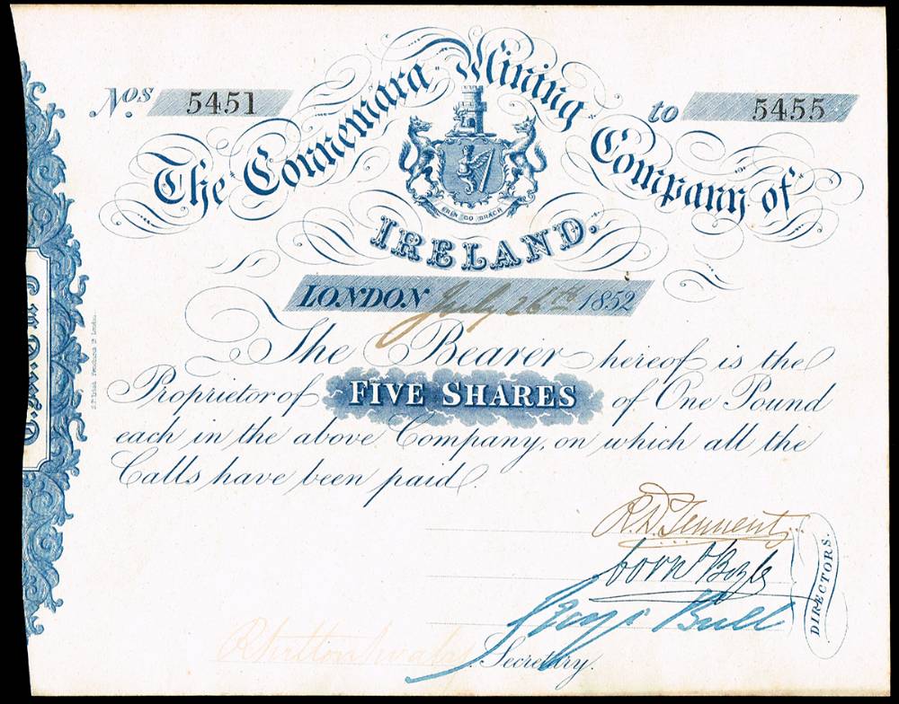 1852-1983 collection of Irish scripophily including certificates for Guinness, Connemara Mining, Dublin Hop Stout, etc. (8) at Whyte's Auctions