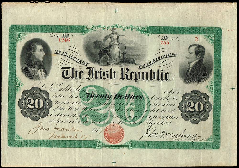 1867 (17 March) The Irish Republic 'Fenian' Bond for Twenty Dollars. at Whyte's Auctions