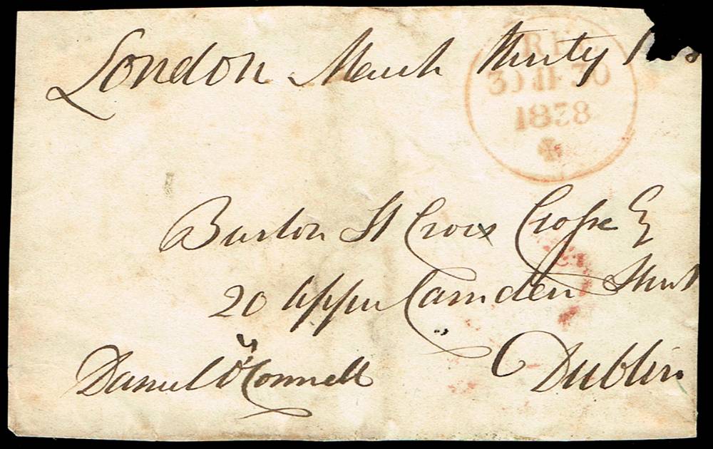 1838 (30 March) address panel of a letter signed by Daniel O'Connell at Whyte's Auctions