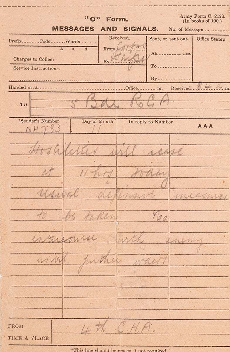 1918 (11 November) World War I Armistice telegram. at Whyte's Auctions