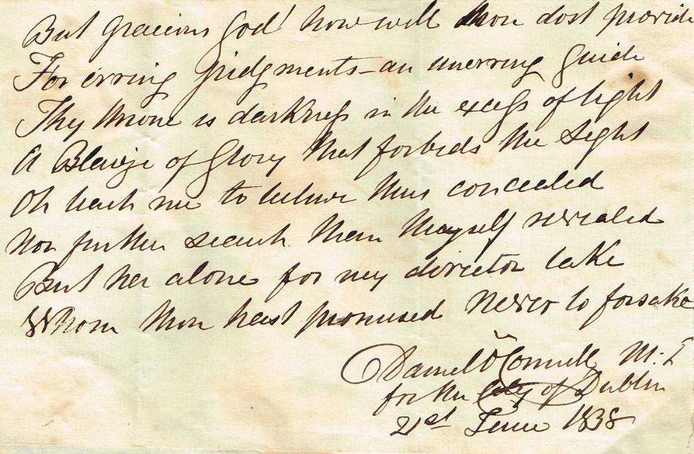 1838 (21 June) verse written by Daniel O'Connell and in his hand at Whyte's Auctions
