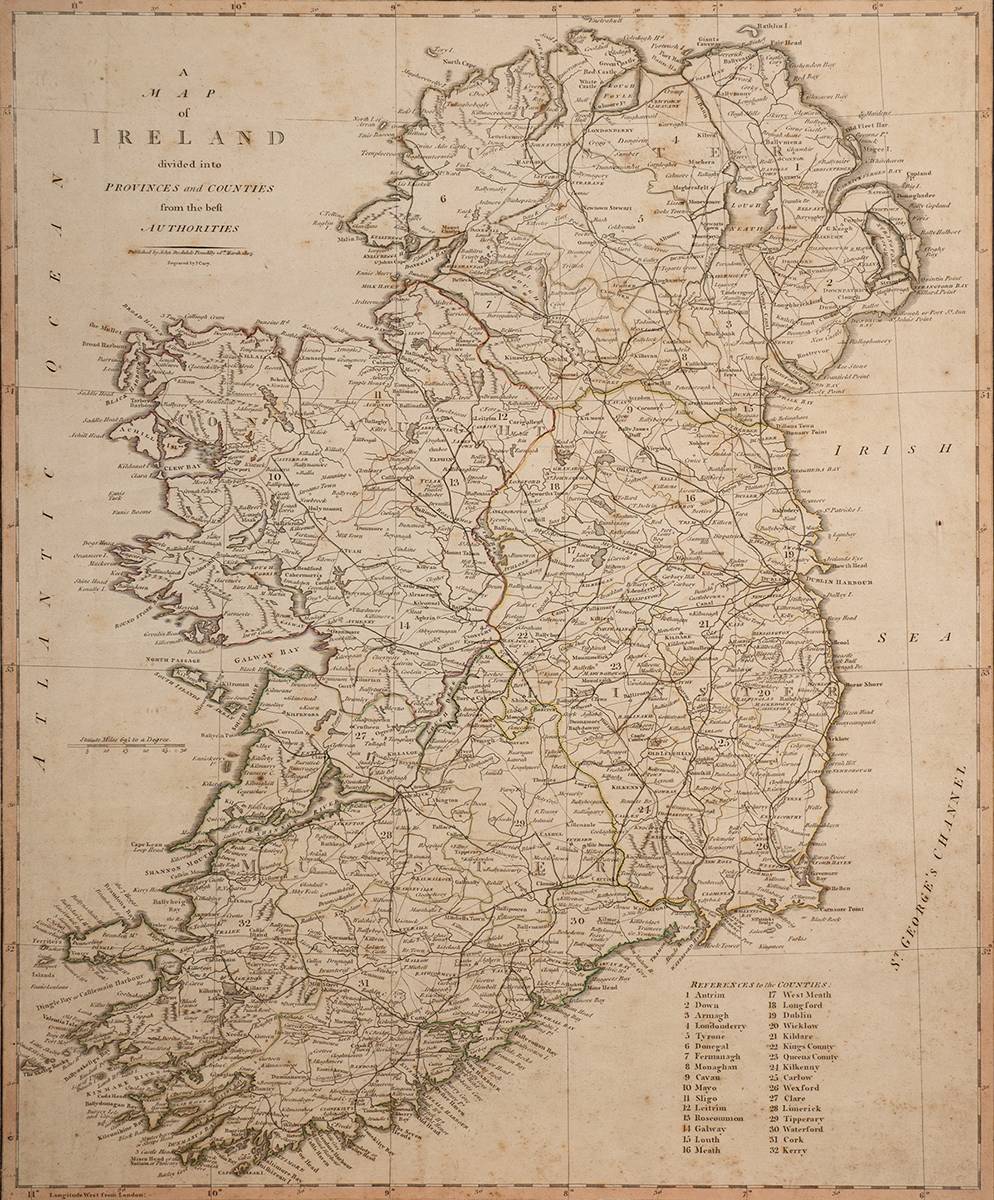 1805 Map of Ireland by John Cary, showing roads and canals. at Whyte's Auctions
