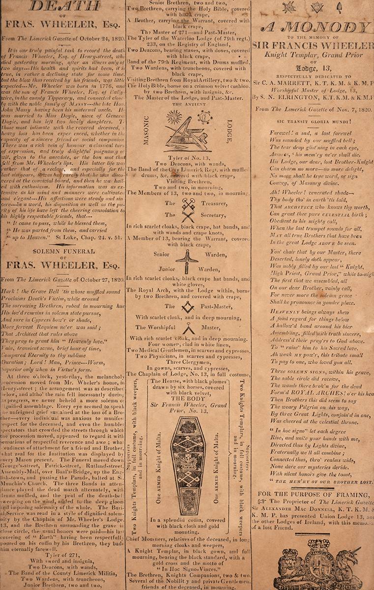 1820 Freemasons commemorative broadsheet for Sir Francis Wheeler, Limerick. at Whyte's Auctions