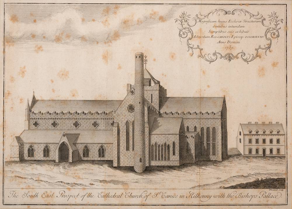 1739 engraving of 'The South East Prospect of the Cathedral Church of St. Canice in Kilkenny with the Bishops Palace' . at Whyte's Auctions