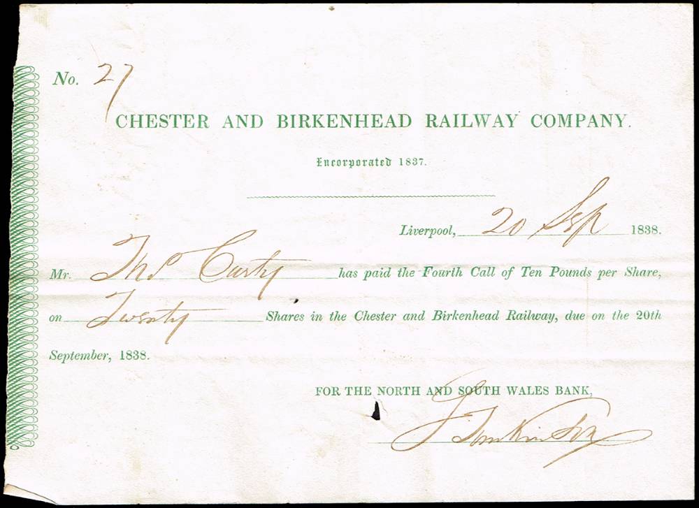 1838-1840 Chester and Birkenhead Railway Company certificates for shares and calls. (9) at Whyte's Auctions