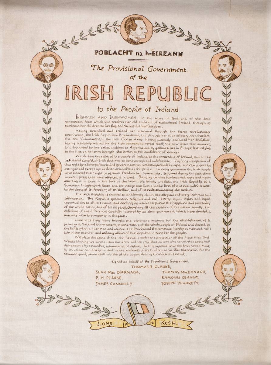 1972. Hand drawn and coloured copy of the 1916 Proclamation with portraits of its signatories, made by Long Kesh prisoners. at Whyte's Auctions