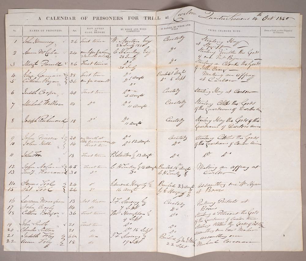 1850 A 'Calendar' of 37 Prisoners for Trial at Carlow Courthouse. at Whyte's Auctions